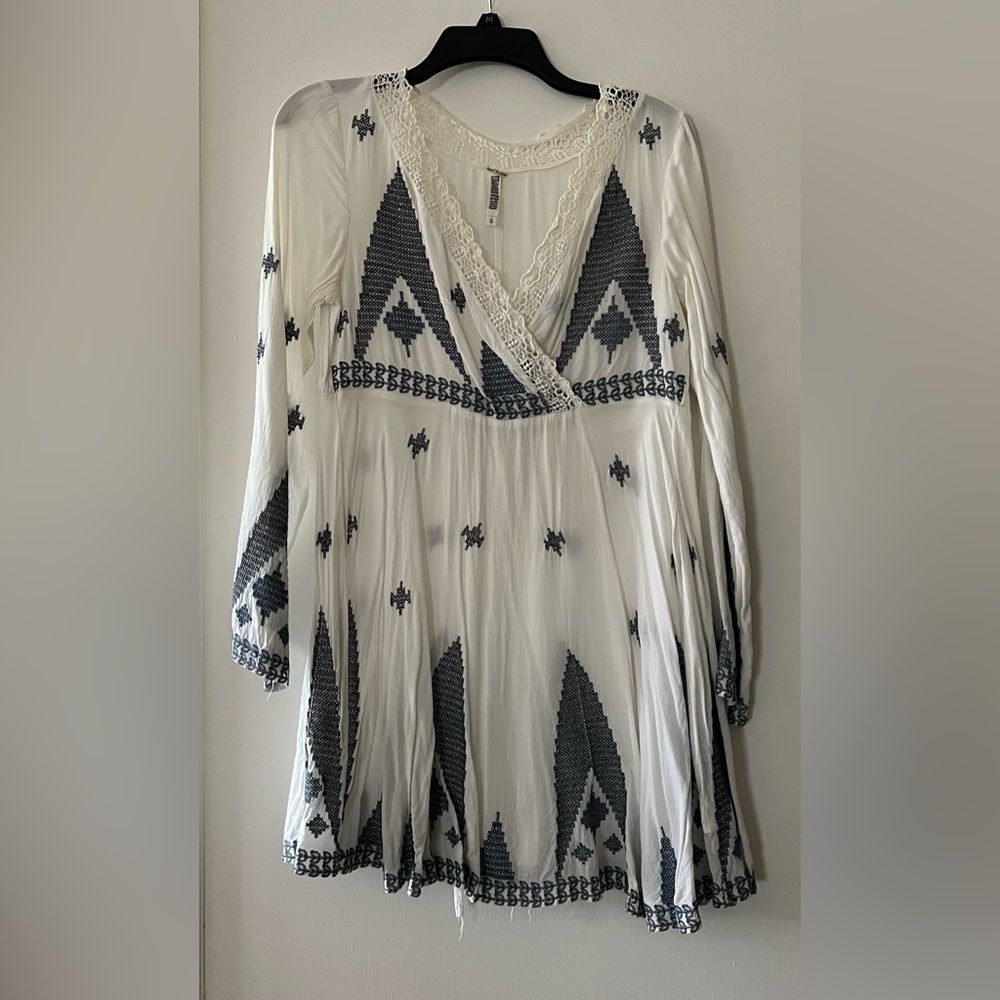 ❤️ 2 for $10 - White Dress with Blue Embroidery and Lace Detail